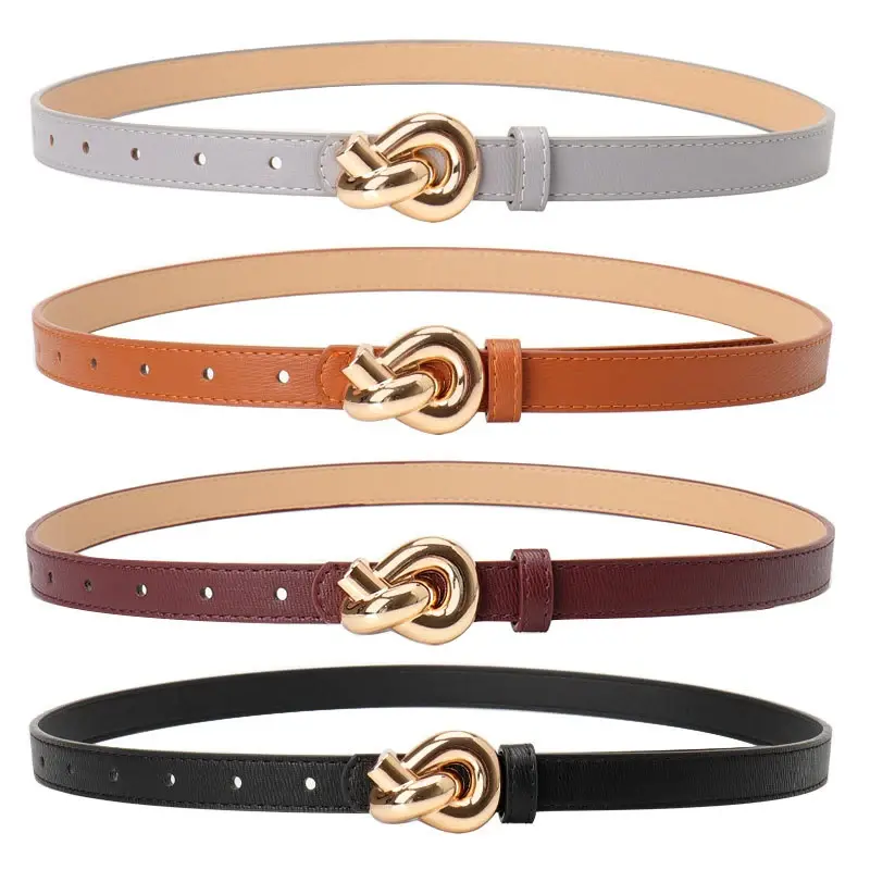 Adjustable PU Leather Belts for Women Fashion Alloy Buckle Knot Thin Waistband Lady Dress Pant Decorative Straps