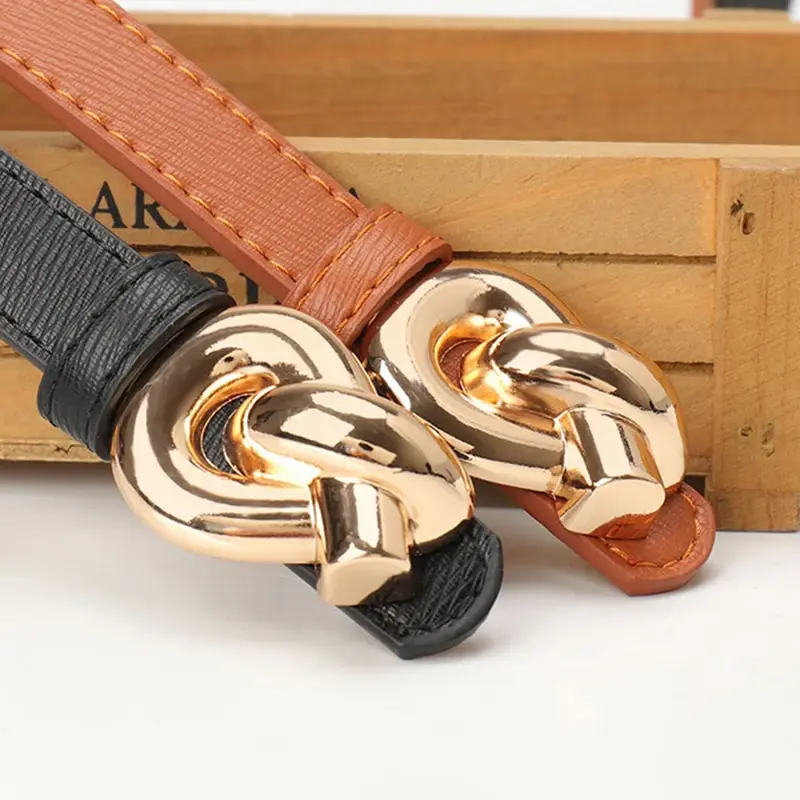 Adjustable PU Leather Belts for Women Fashion Alloy Buckle Knot Thin Waistband Lady Dress Pant Decorative Straps