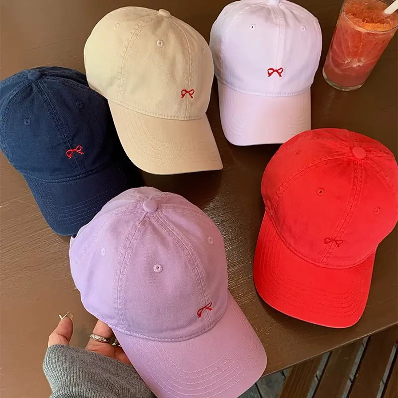 Korean Bow Embroidery Baseball Caps for Women Solid Color Cotton Snapback Hats Spring Summer Girl Outdoor Sunshade Hats