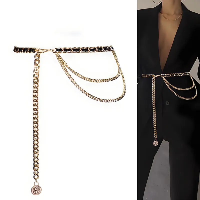 Multi-layer Metal Waist Chain for Women Long Tassel Pendant Thin Skinny Waistband Adjustable Dress Coat Decorative Straps