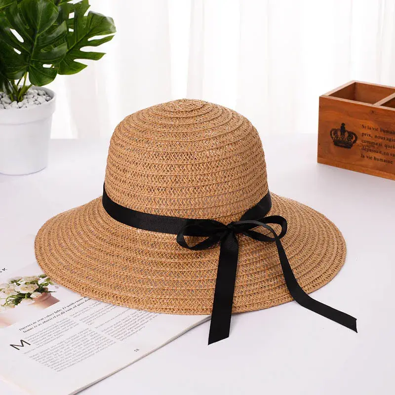 Ribbon Bow Straw Hats for Women Summer Wide Brim Sun Visors Outdoor Travel Beach Lady Girl Sunshade Fisherman Caps