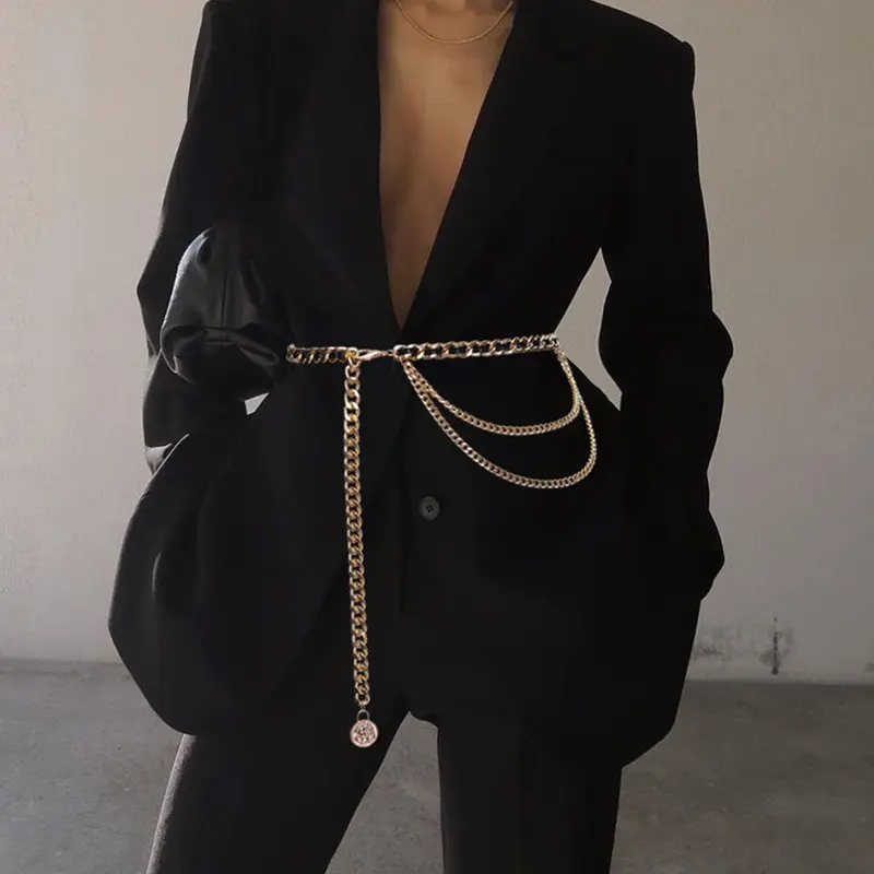 Multi-layer Metal Waist Chain for Women Long Tassel Pendant Thin Skinny Waistband Adjustable Dress Coat Decorative Straps