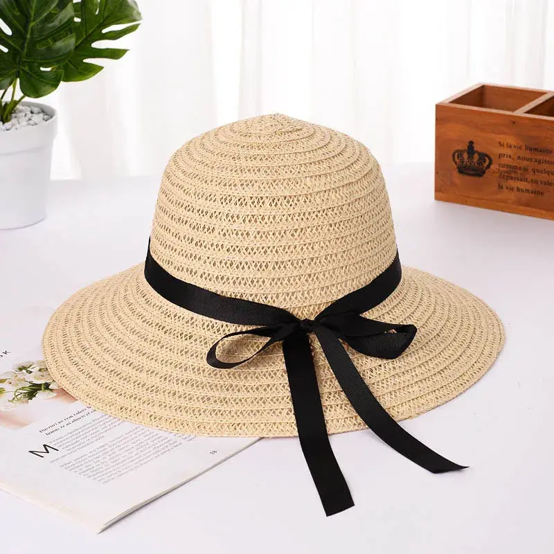 Ribbon Bow Straw Hats for Women Summer Wide Brim Sun Visors Outdoor Travel Beach Lady Girl Sunshade Fisherman Caps