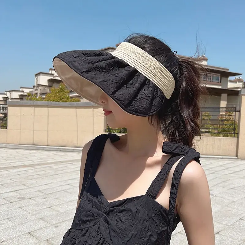 Summer Women Sun Hats Fashion Double Sided Wear Empty Top Caps Wide Brim Travel Beach Girl Anti-UV Sun Visors
