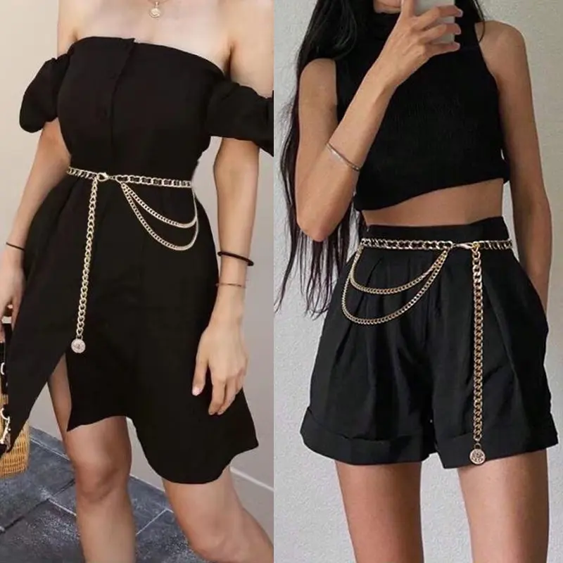 Multi-layer Metal Waist Chain for Women Long Tassel Pendant Thin Skinny Waistband Adjustable Dress Coat Decorative Straps