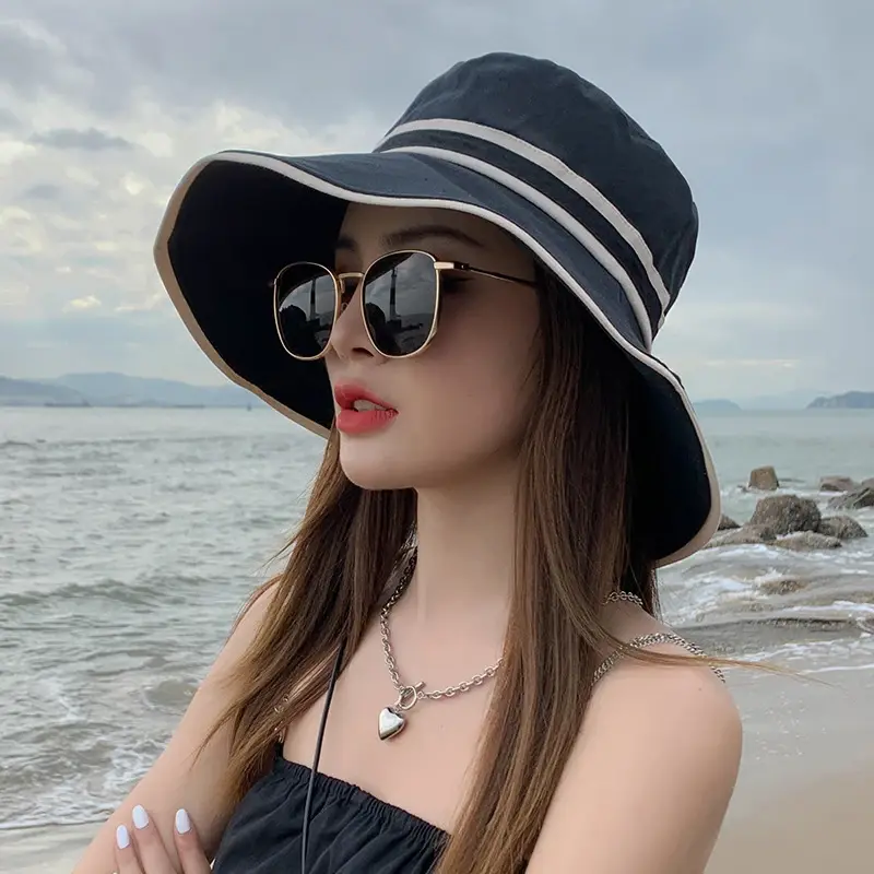Japanese Stripe Fisherman Caps for Women Summer Large Brim UV Protection Hats Foldable Travel Beach Lady Sunshade Bucket Hats
