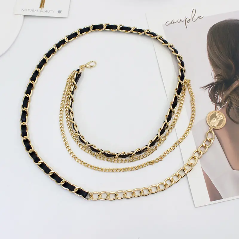 Multi-layer Metal Waist Chain for Women Long Tassel Pendant Thin Skinny Waistband Adjustable Dress Coat Decorative Straps