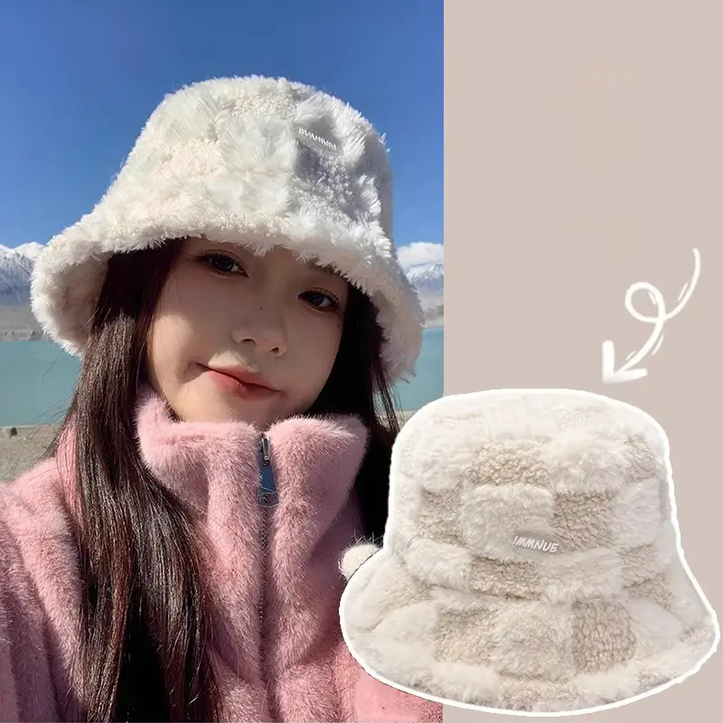 Korean Plaid Plush Bucket Hats for Women Winter Thicken Faux Fur Warm Fisherman Caps Lady Outdoor Windproof Basin Caps
