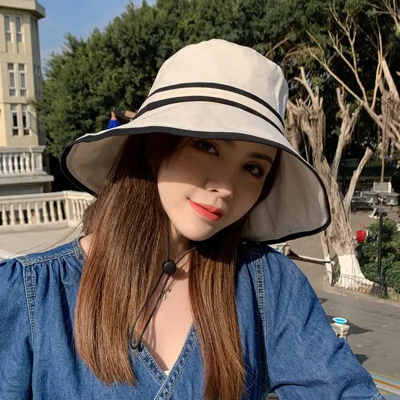 Japanese Stripe Fisherman Caps for Women Summer Large Brim UV Protection Hats Foldable Travel Beach Lady Sunshade Bucket Hats