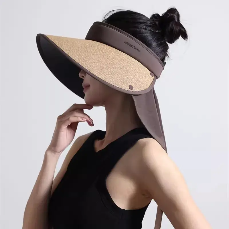 Summer Large Brim Sun Hats for Women Korean Empty Top Neck Protection Shawl Hats Travel Beach Foldable Sunshade Caps
