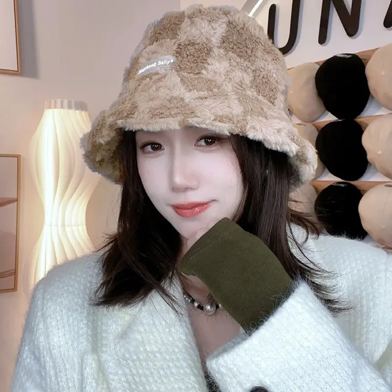 Korean Plaid Plush Bucket Hats for Women Winter Thicken Faux Fur Warm Fisherman Caps Lady Outdoor Windproof Basin Caps