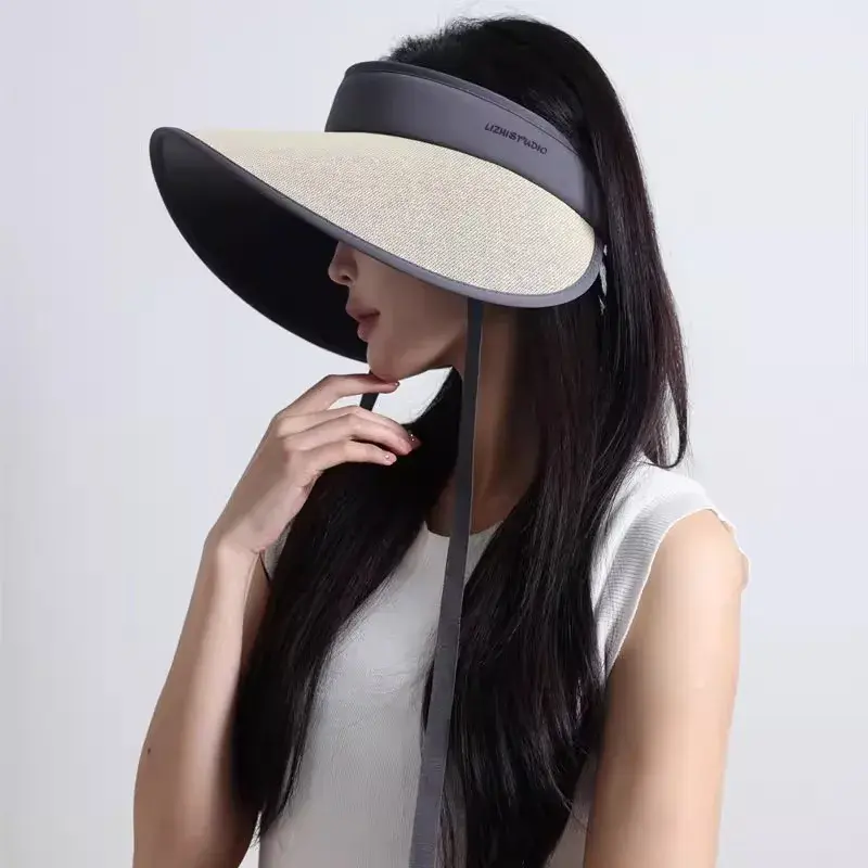 Summer Large Brim Sun Hats for Women Korean Empty Top Neck Protection Shawl Hats Travel Beach Foldable Sunshade Caps