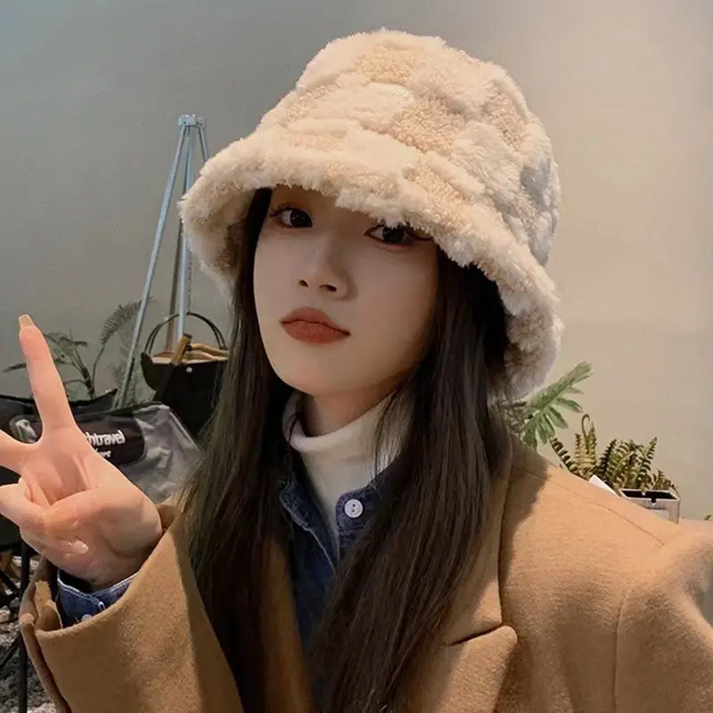 Korean Plaid Plush Bucket Hats for Women Winter Thicken Faux Fur Warm Fisherman Caps Lady Outdoor Windproof Basin Caps