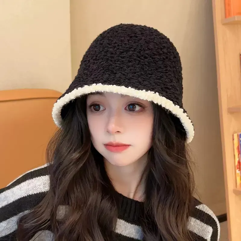 Autumn Winter Windproof Bucket Hats for Women Thicken Lamb Fleece Warm Fisherman Caps Solid Color Dome Fluffy Fur Basin Caps