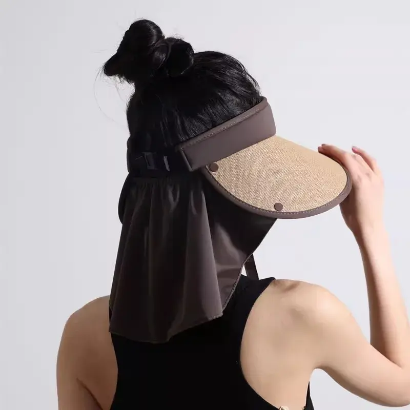 Summer Large Brim Sun Hats for Women Korean Empty Top Neck Protection Shawl Hats Travel Beach Foldable Sunshade Caps