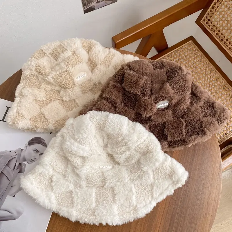 Korean Plaid Plush Bucket Hats for Women Winter Thicken Faux Fur Warm Fisherman Caps Lady Outdoor Windproof Basin Caps