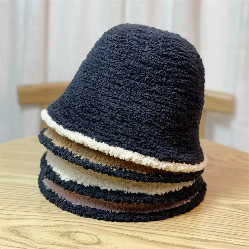 Autumn Winter Windproof Bucket Hats for Women Thicken Lamb Fleece Warm Fisherman Caps Solid Color Dome Fluffy Fur Basin Caps