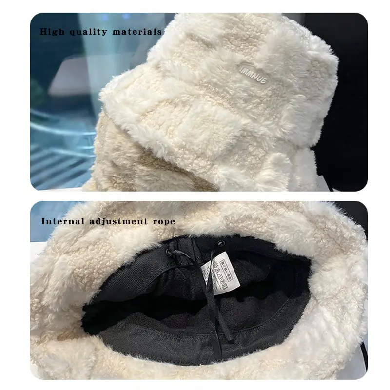 Korean Plaid Plush Bucket Hats for Women Winter Thicken Faux Fur Warm Fisherman Caps Lady Outdoor Windproof Basin Caps