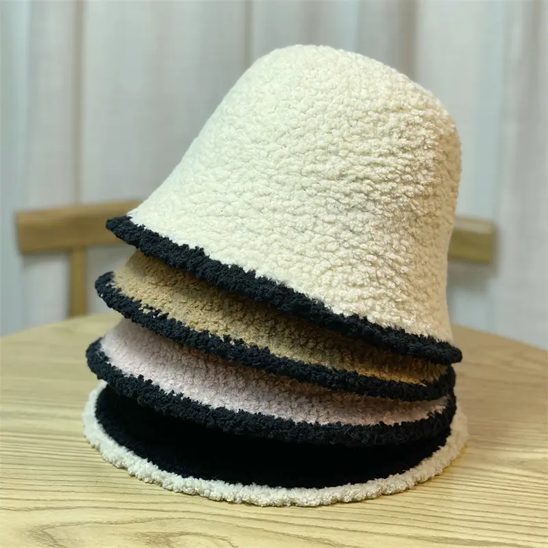 Autumn Winter Windproof Bucket Hats for Women Thicken Lamb Fleece Warm Fisherman Caps Solid Color Dome Fluffy Fur Basin Caps