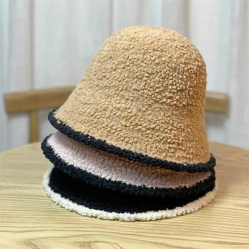 Autumn Winter Windproof Bucket Hats for Women Thicken Lamb Fleece Warm Fisherman Caps Solid Color Dome Fluffy Fur Basin Caps