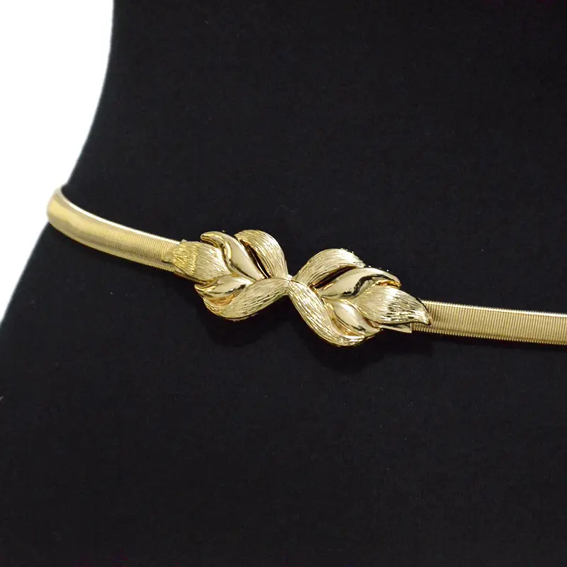Gold Leaves Buckle Belt Women Ladies Fashion Metal Thin Waistband Female Dress Coat Sweater Decorative Accessories Straps Belts