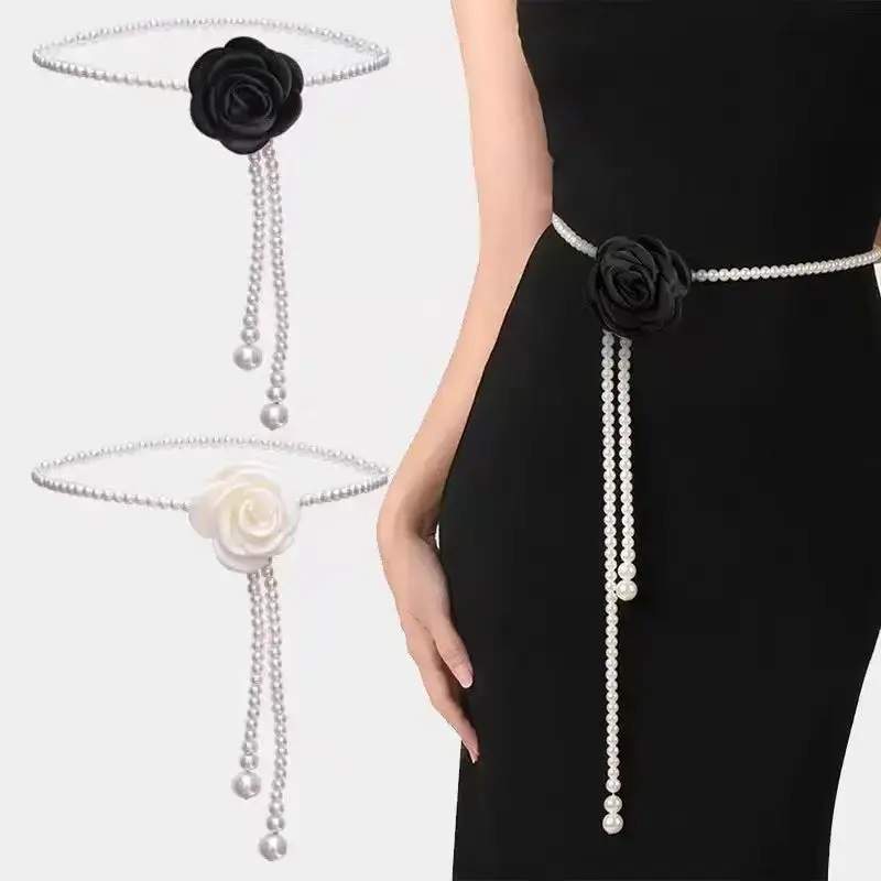Elegant Camellia Flower Pearl Waist Chains for Women Lady Adjustable Thin Long Waistbands Female Dress Decorative Straps