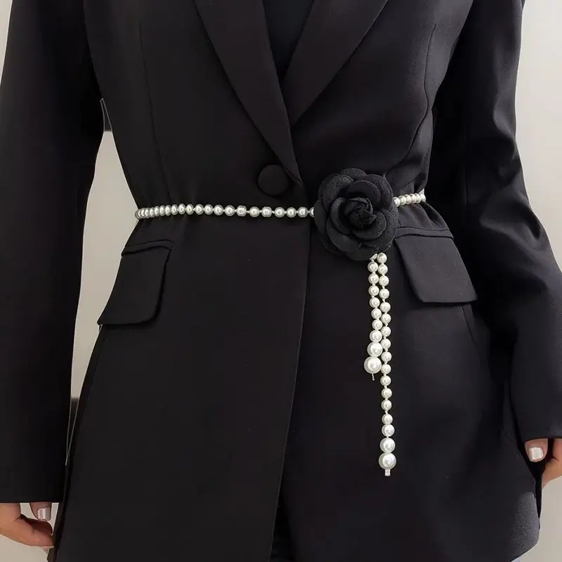 Elegant Camellia Flower Pearl Waist Chains for Women Lady Adjustable Thin Long Waistbands Female Dress Decorative Straps