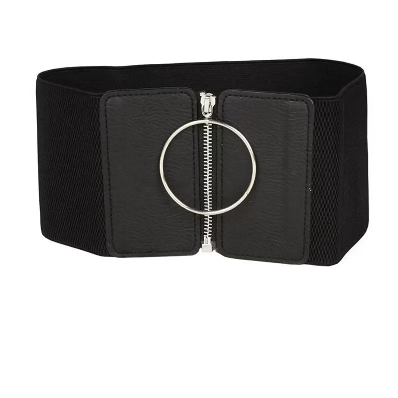 Big Ring Zipper Wide Belts for Women Fashion Black PU Leather Slim Body High Wait Cummerbund Lady Dress Shirt Decorative Straps