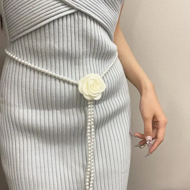 Elegant Camellia Flower Pearl Waist Chains for Women Lady Adjustable Thin Long Waistbands Female Dress Decorative Straps