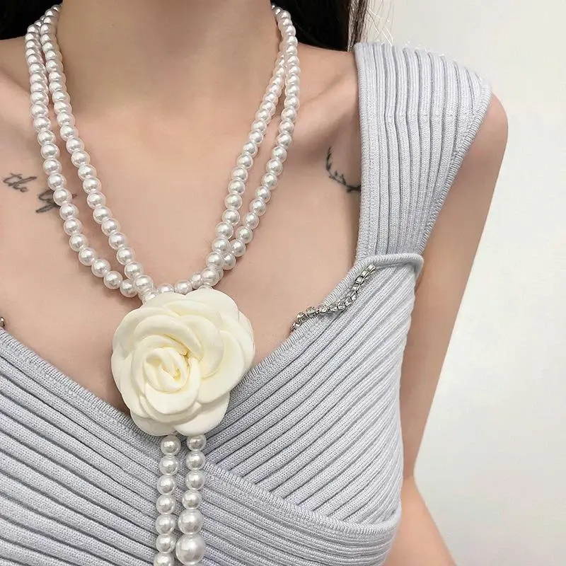 Elegant Camellia Flower Pearl Waist Chains for Women Lady Adjustable Thin Long Waistbands Female Dress Decorative Straps