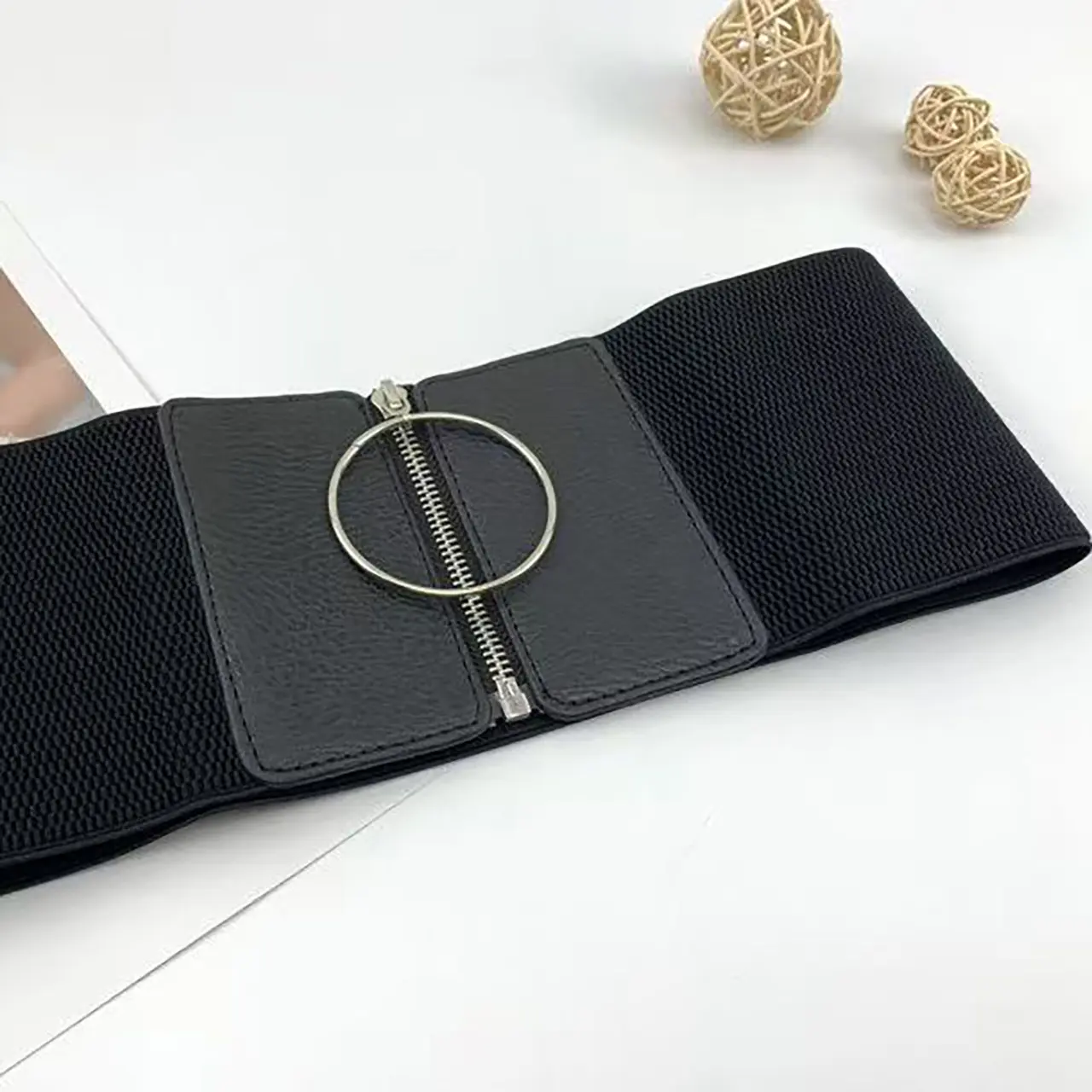 Big Ring Zipper Wide Belts for Women Fashion Black PU Leather Slim Body High Wait Cummerbund Lady Dress Shirt Decorative Straps