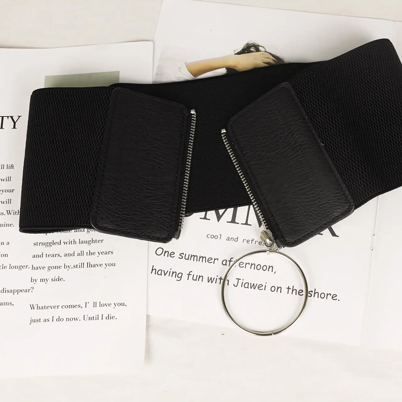Big Ring Zipper Wide Belts for Women Fashion Black PU Leather Slim Body High Wait Cummerbund Lady Dress Shirt Decorative Straps