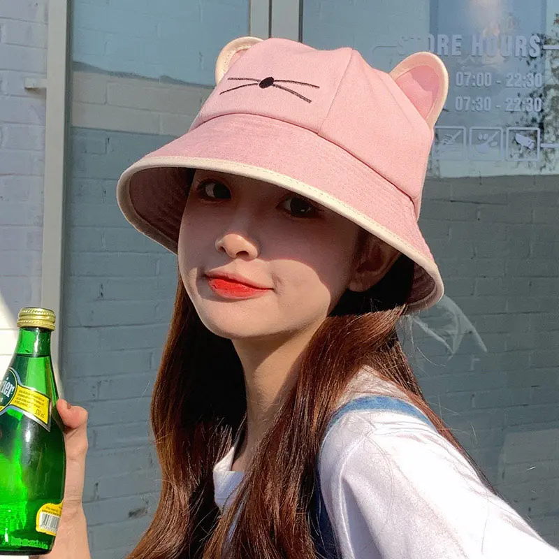 Cute Cartoon Cat Fisherman Caps for Women Korean Soft Cotton Breathable Bucket Hats Outdoor Travel Girl Sunscreen Basin Caps