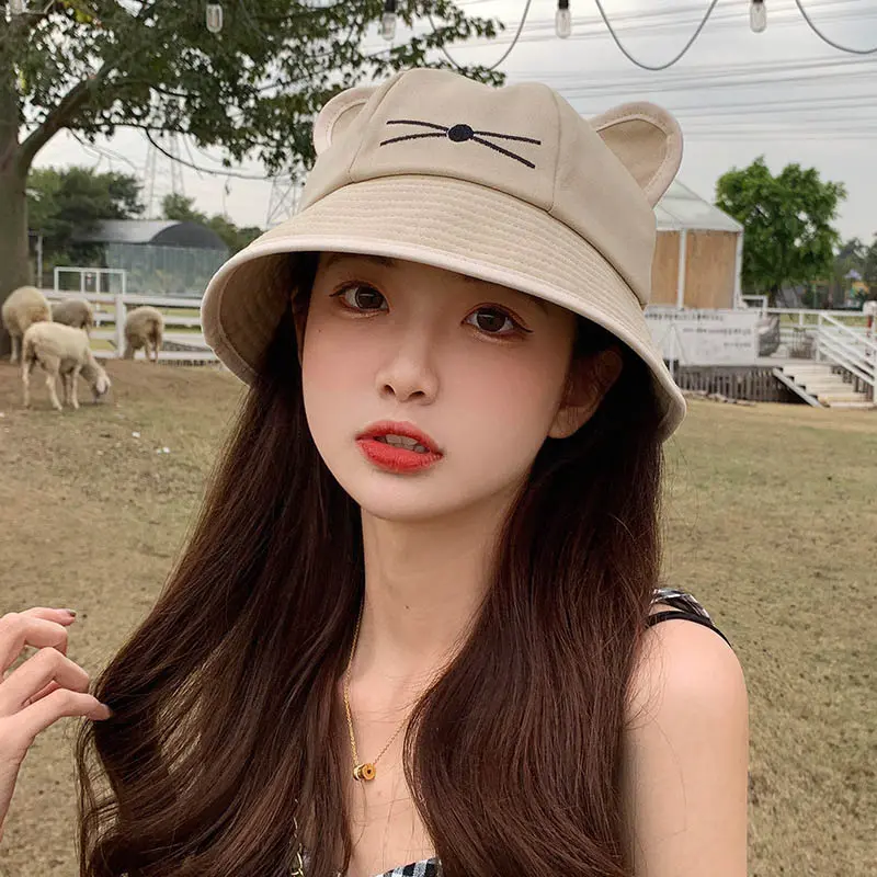 Cute Cartoon Cat Fisherman Caps for Women Korean Soft Cotton Breathable Bucket Hats Outdoor Travel Girl Sunscreen Basin Caps