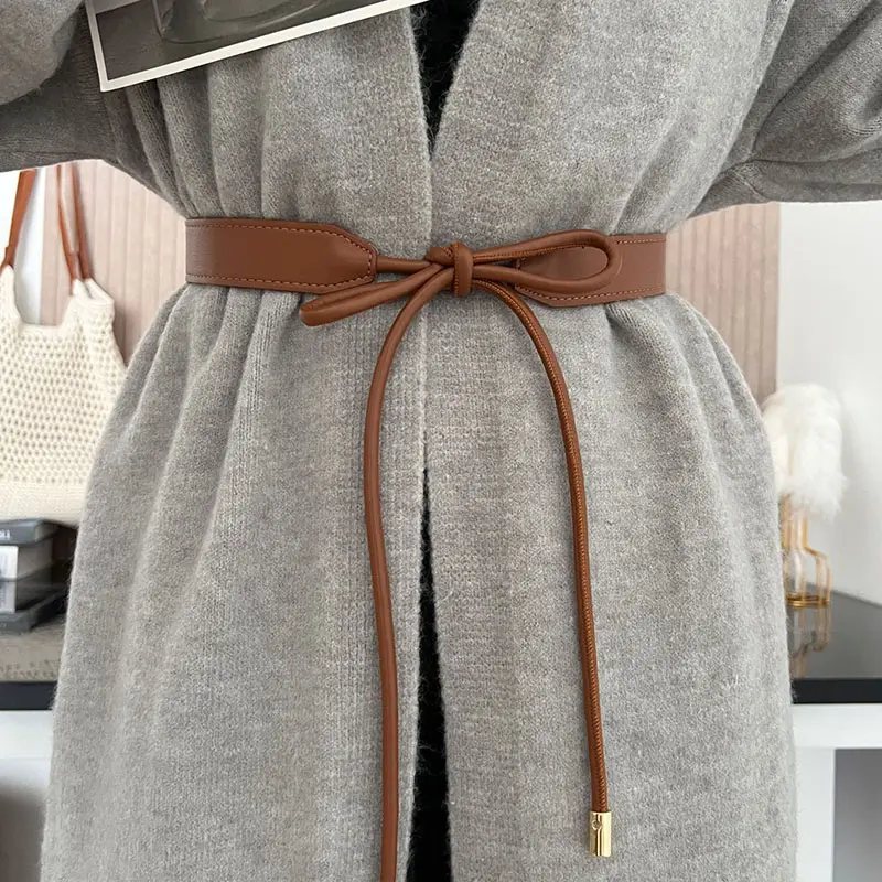 Fashion Knotted Waistband for Women Solid Color PU Leather Thin Belts Simple Lady Coat Sweater Decorative Straps Girdle