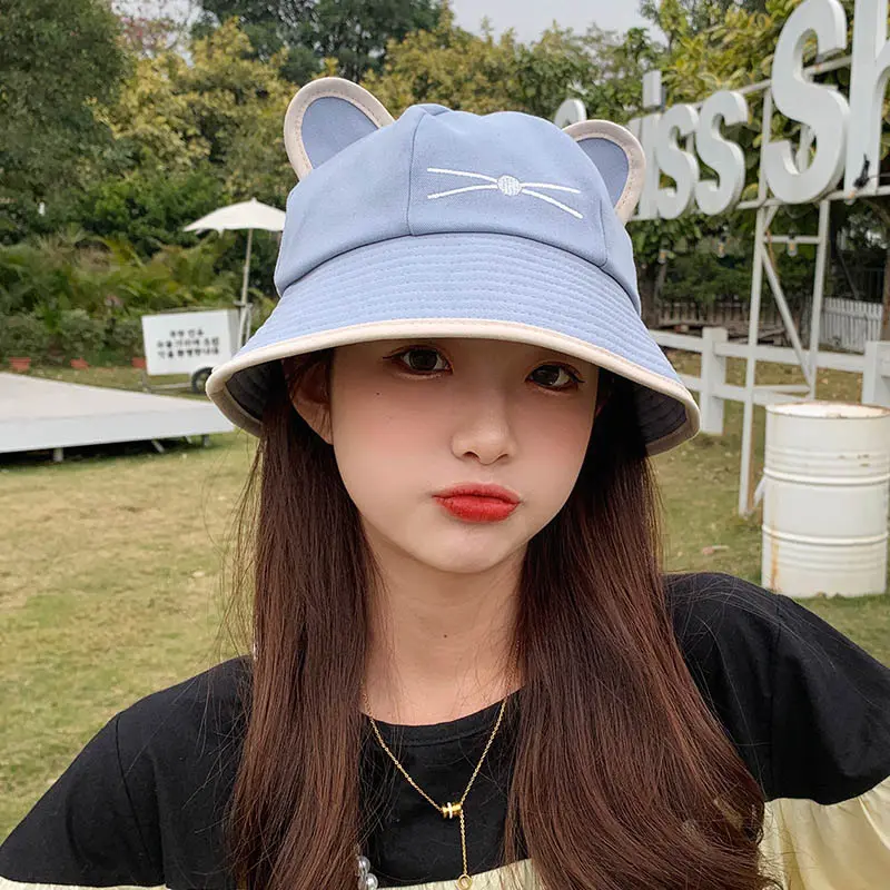 Cute Cartoon Cat Fisherman Caps for Women Korean Soft Cotton Breathable Bucket Hats Outdoor Travel Girl Sunscreen Basin Caps