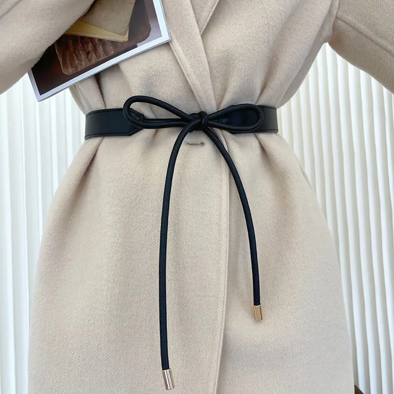 Fashion Knotted Waistband for Women Solid Color PU Leather Thin Belts Simple Lady Coat Sweater Decorative Straps Girdle