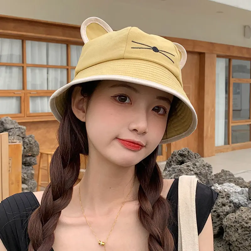 Cute Cartoon Cat Fisherman Caps for Women Korean Soft Cotton Breathable Bucket Hats Outdoor Travel Girl Sunscreen Basin Caps