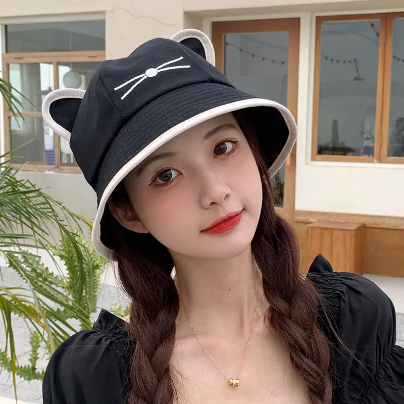Cute Cartoon Cat Fisherman Caps for Women Korean Soft Cotton Breathable Bucket Hats Outdoor Travel Girl Sunscreen Basin Caps