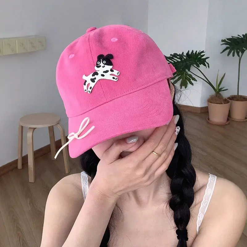 Cartoon Dog Women Baseball Caps Pink Cute Bow Cotton Duck Tongue Caps Korean Girl Outdoor Sunscreen Hats