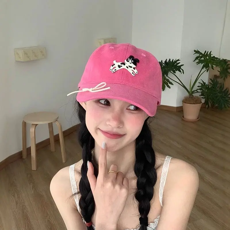 Cartoon Dog Women Baseball Caps Pink Cute Bow Cotton Duck Tongue Caps Korean Girl Outdoor Sunscreen Hats