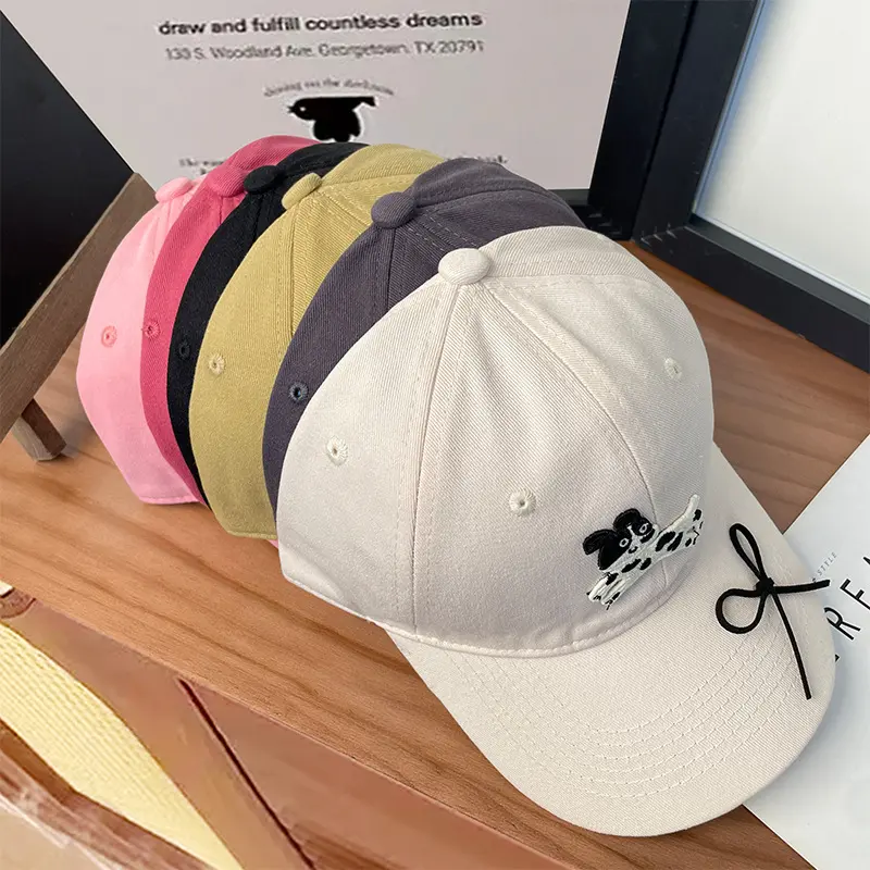 Cartoon Dog Women Baseball Caps Pink Cute Bow Cotton Duck Tongue Caps Korean Girl Outdoor Sunscreen Hats