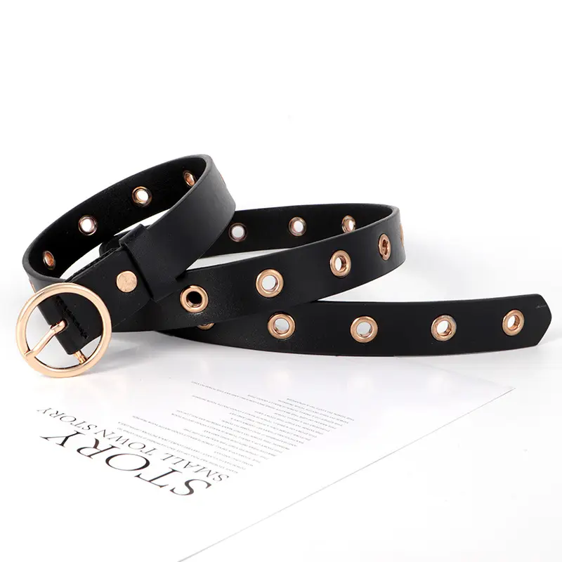 Solid Color Eyelets Hollow Belts for Women Fashion PU Leather No Punching Waistband Metal Round Buckle Pants Coat Decor Straps