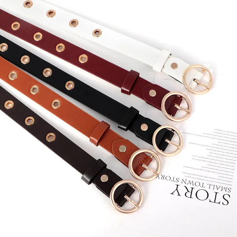 Solid Color Eyelets Hollow Belts for Women Fashion PU Leather No Punching Waistband Metal Round Buckle Pants Coat Decor Straps