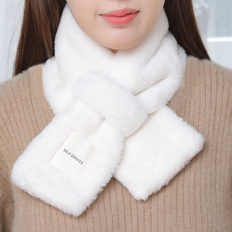 Thicken Faux Rabbit Fur Scarf for Women Winter Solid Color Plush Warm Cross Neckerchief Outdoor Girl Windproof Neck Collar