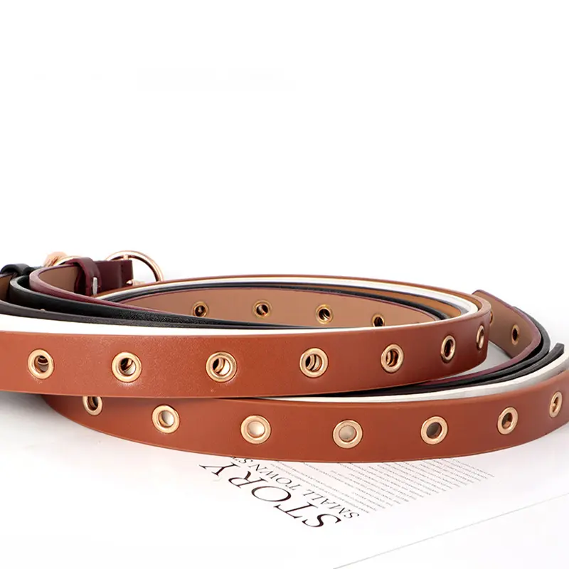 Solid Color Eyelets Hollow Belts for Women Fashion PU Leather No Punching Waistband Metal Round Buckle Pants Coat Decor Straps