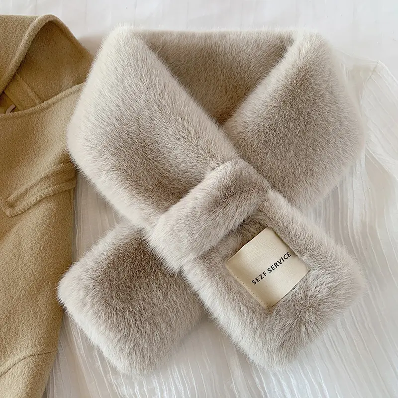 Thicken Faux Rabbit Fur Scarf for Women Winter Solid Color Plush Warm Cross Neckerchief Outdoor Girl Windproof Neck Collar
