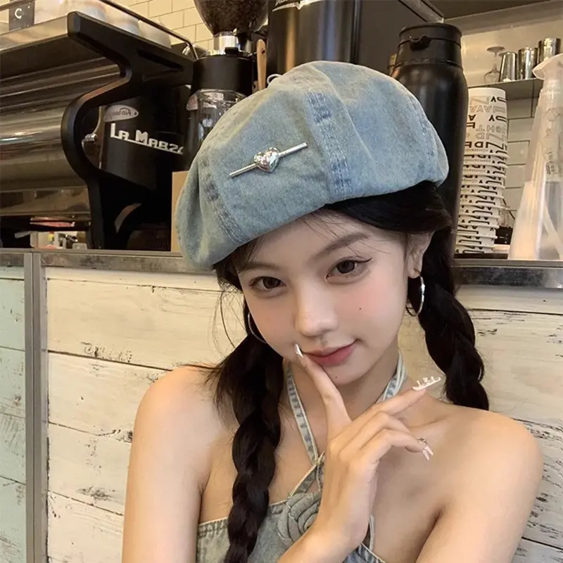 Japanese Retro Women Beret Hats Fashion Heart Spring Autumn Denim Cloud Octagonal Hats Lady Streetwear Artist Painter Hats