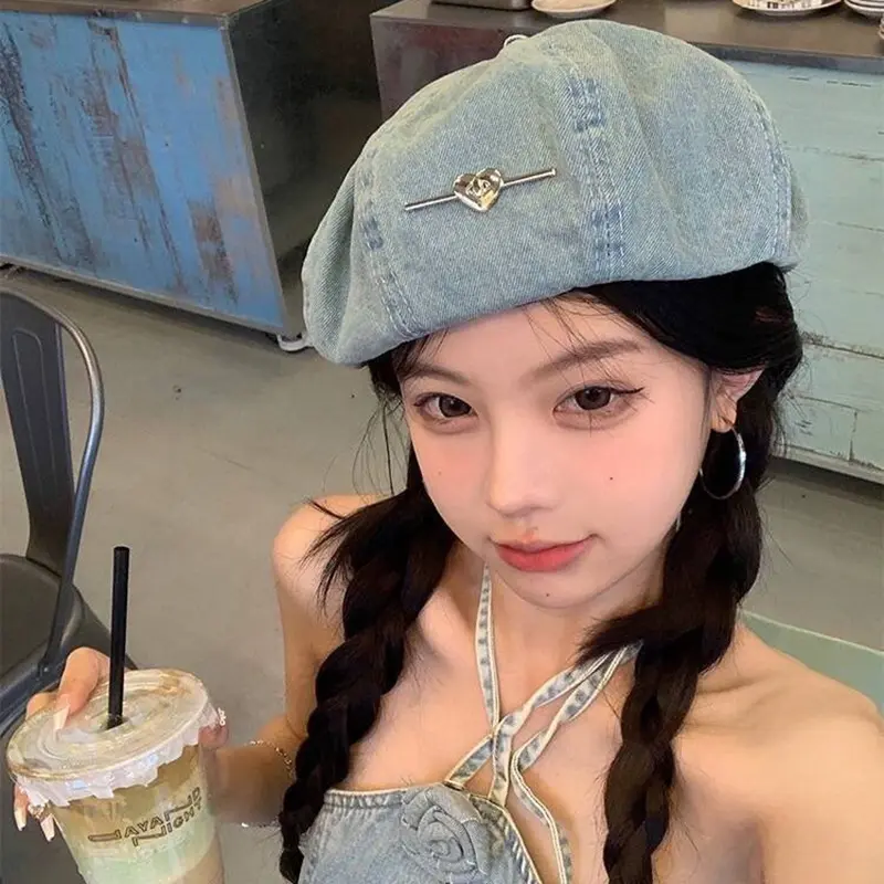Japanese Retro Women Beret Hats Fashion Heart Spring Autumn Denim Cloud Octagonal Hats Lady Streetwear Artist Painter Hats