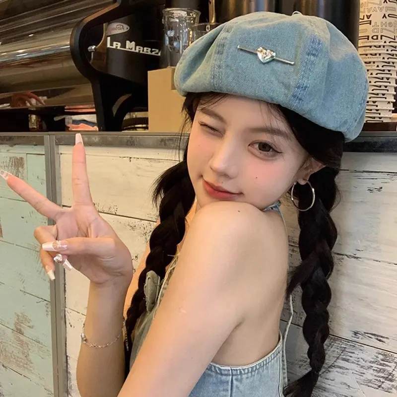 Japanese Retro Women Beret Hats Fashion Heart Spring Autumn Denim Cloud Octagonal Hats Lady Streetwear Artist Painter Hats